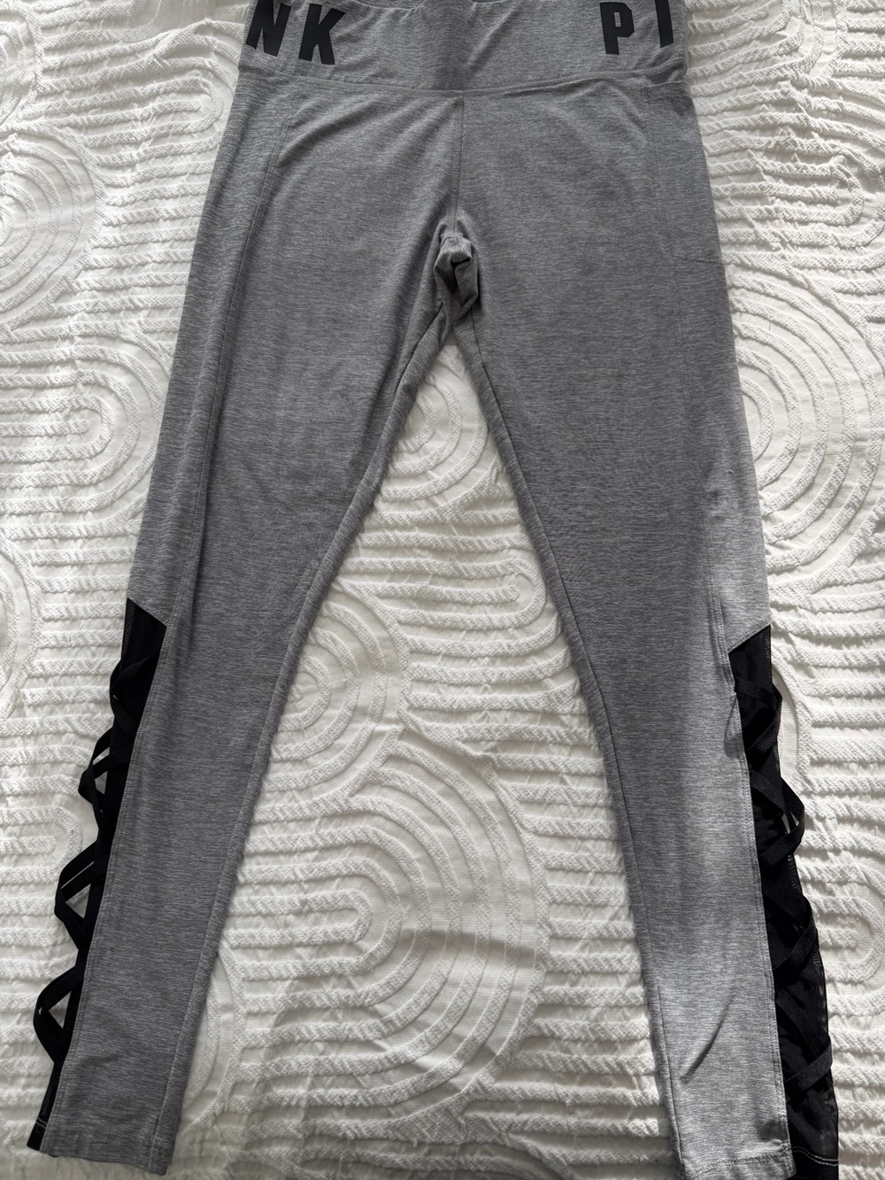 PINK Victoria's Secret Grey Leggings with Black Crisscross Side Panels